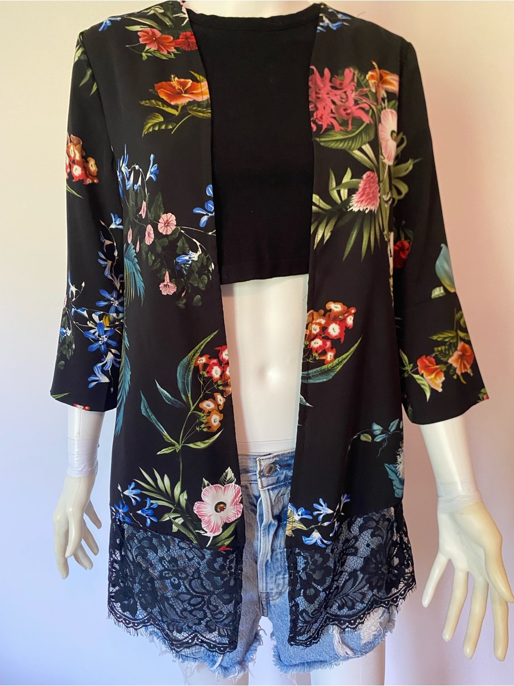 Dex Black Floral Lace-Trim Open Tunic